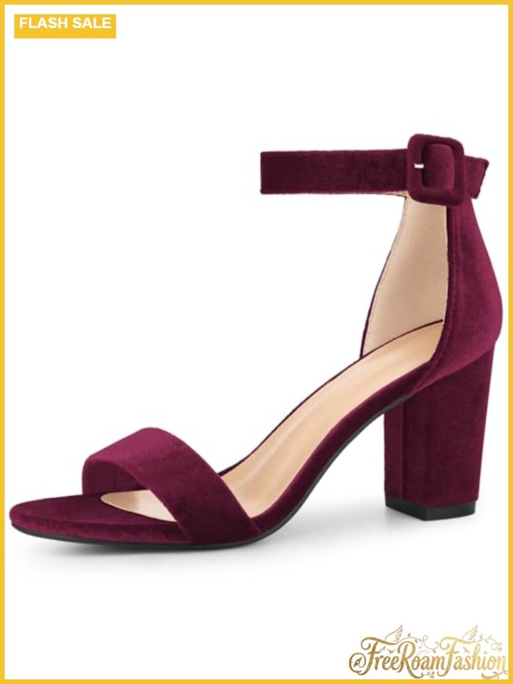 Chunky Block Heel Ankle Strap Sandals Faux Velvet Party Heels